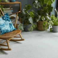 Rattan chair with a blue cushion in a room with plants and a rug.